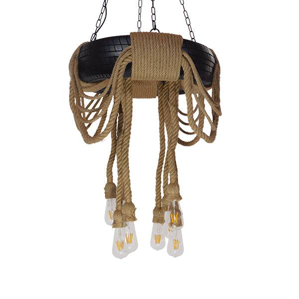 GloboStar® MARBELLA 01116 Vintage Industrial Κρεμαστό Φωτιστικό Οροφής Πολύφωτο Μαύρο με Μπεζ Σχοινι Φ60 x Y60cm - ledmania.gr