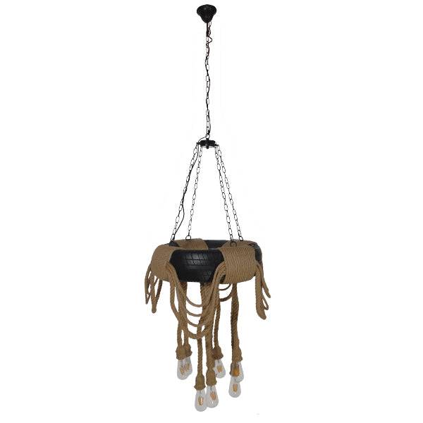 GloboStar® MARBELLA 01116 Vintage Industrial Κρεμαστό Φωτιστικό Οροφής Πολύφωτο Μαύρο με Μπεζ Σχοινι Φ60 x Y60cm - ledmania.gr