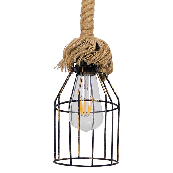 GloboStar® LAICO 01129 Vintage Κρεμαστό Φωτιστικό Οροφής Μονόφωτο Μπρούτζινο Σκουριά Μεταλλικό Πλέγμα με Μπεζ Σχοινί Φ12 x Y100cm - ledmania.gr