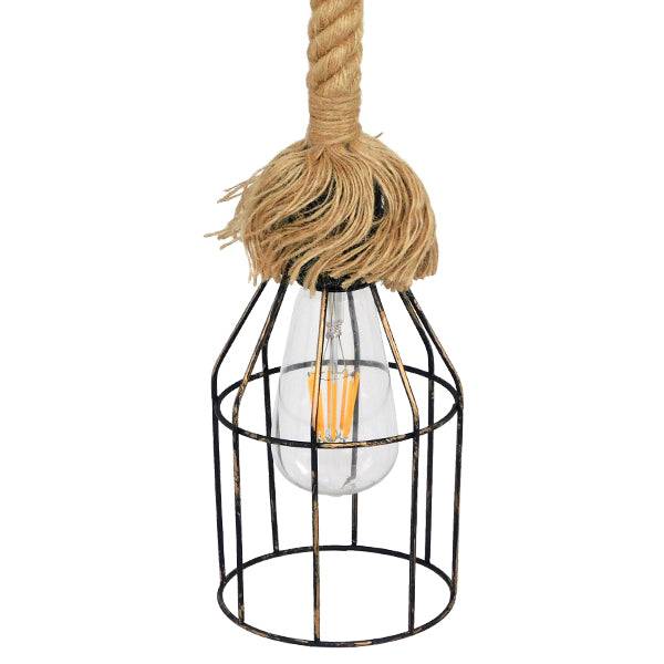 GloboStar® LAICO 01129 Vintage Κρεμαστό Φωτιστικό Οροφής Μονόφωτο Μπρούτζινο Σκουριά Μεταλλικό Πλέγμα με Μπεζ Σχοινί Φ12 x Y100cm - ledmania.gr
