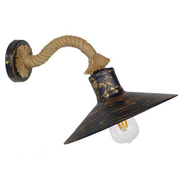 GloboStar® BRASTA 01131 Vintage Φωτιστικό Τοίχου Απλίκα Μονόφωτο Μπρούτζινο Σκουριά Μεταλλικό Καμπάνα με Μπεζ Σχοινί Φ27 x Μ32 x Π27 x Υ34cm - ledmania.gr