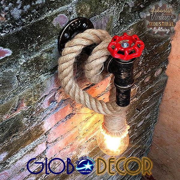 GloboStar® TROUVER 01183 Vintage Industrial Φωτιστικό Τοίχου Απλίκα Μονόφωτο Μπρούτζινο Σκουριά Μεταλλικό με Μπεζ Σχοινί Μ14.5 x Π3.3 x Υ16cm - ledmania.gr