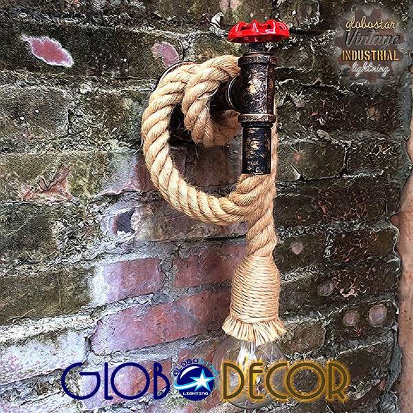 GloboStar® TROUVER 01183 Vintage Industrial Φωτιστικό Τοίχου Απλίκα Μονόφωτο Μπρούτζινο Σκουριά Μεταλλικό με Μπεζ Σχοινί Μ14.5 x Π3.3 x Υ16cm - ledmania.gr