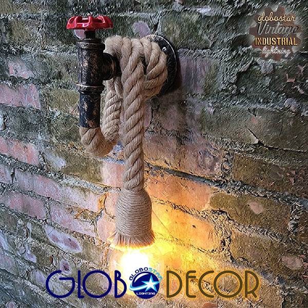 GloboStar® TROUVER 01183 Vintage Industrial Φωτιστικό Τοίχου Απλίκα Μονόφωτο Μπρούτζινο Σκουριά Μεταλλικό με Μπεζ Σχοινί Μ14.5 x Π3.3 x Υ16cm - ledmania.gr