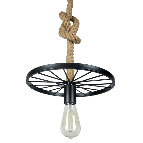 GloboStar® VELO 01185 Vintage Industrial Κρεμαστό Φωτιστικό Οροφής Μονόφωτο Μαύρο Μεταλλικό Πλέγμα με Μπεζ Σχοινί Φ30 x Y16cm - ledmania.gr