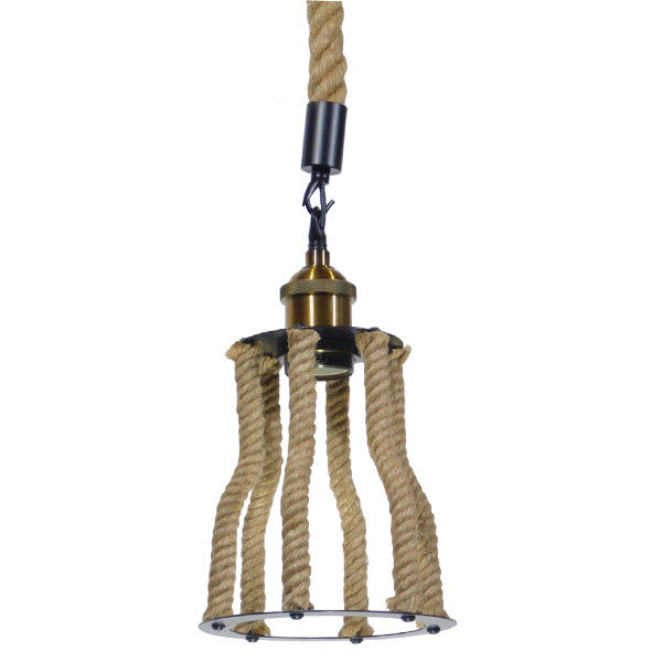 GloboStar® LANTERN 01186 Vintage Industrial Κρεμαστό Φωτιστικό Οροφής Μονόφωτο Μαύρο Μεταλλικό με Μπεζ Σχοινί Φ15 x Y24cm - ledmania.gr
