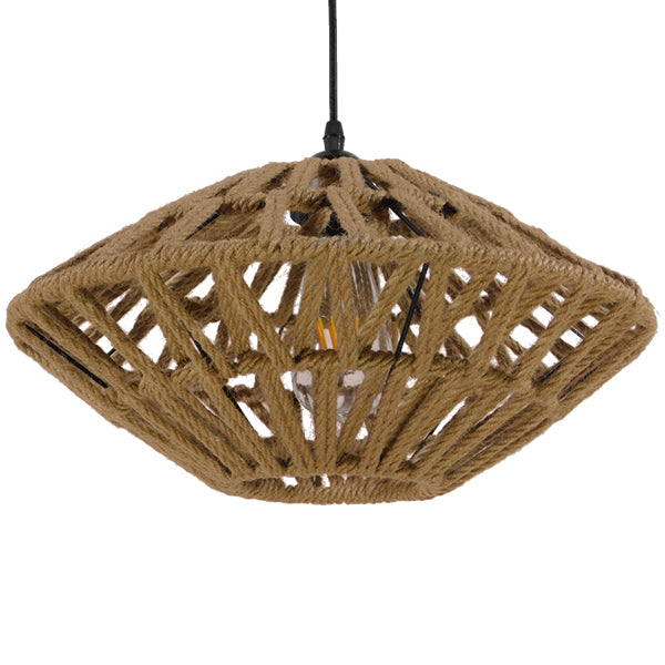 GloboStar® NATHLEN 01187 Vintage Κρεμαστό Φωτιστικό Οροφής Μονόφωτο Μαύρο Μεταλλικό Πλέγμα με Μπεζ Σχοινί Φ40 x Y20cm - ledmania.gr