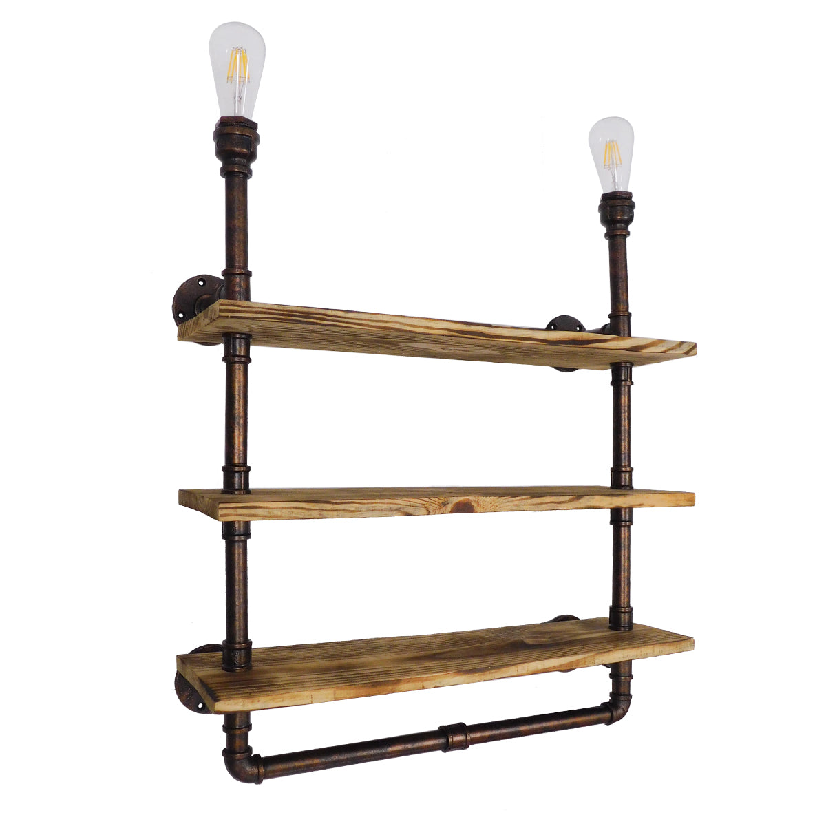 GloboStar® ENIMAS 01217 Vintage Industrial Φωτιστικό Τοίχου Απλίκα Δίφωτο Μπρούτζινο Μεταλλικό με Ξύλινα Ράφια Μ65 x Π23 x Υ76cm - ledmania.gr