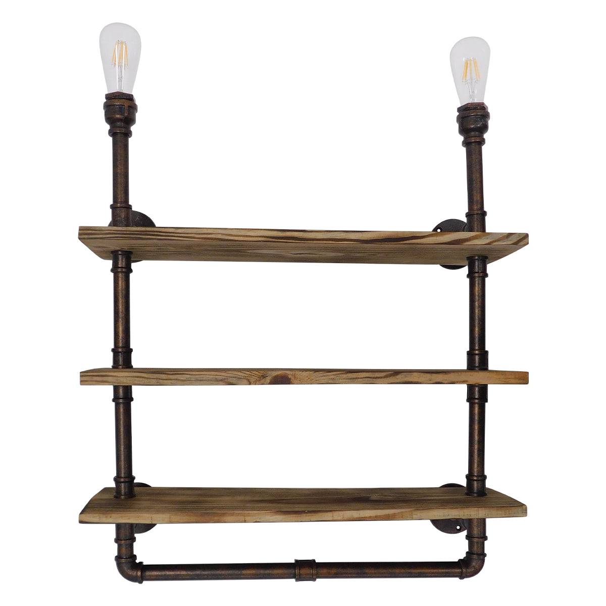 GloboStar® ENIMAS 01217 Vintage Industrial Φωτιστικό Τοίχου Απλίκα Δίφωτο Μπρούτζινο Μεταλλικό με Ξύλινα Ράφια Μ65 x Π23 x Υ76cm - ledmania.gr