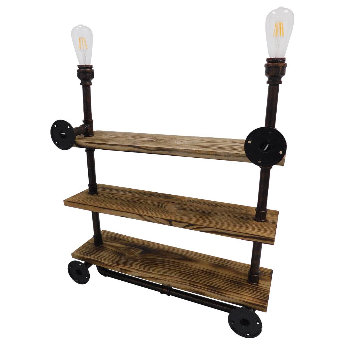 GloboStar® ENIMAS 01217 Vintage Industrial Φωτιστικό Τοίχου Απλίκα Δίφωτο Μπρούτζινο Μεταλλικό με Ξύλινα Ράφια Μ65 x Π23 x Υ76cm - ledmania.gr