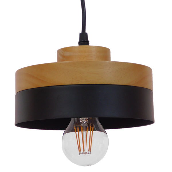 GloboStar® RUHIEL 01233 Μοντέρνο Κρεμαστό Φωτιστικό Οροφής Μονόφωτο Μαύρο Μεταλλικό με Φυσικό Ξύλο Καμπάνα Φ18 x Y12cm - ledmania.gr