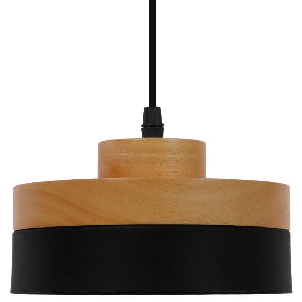 GloboStar® RUHIEL 01233 Μοντέρνο Κρεμαστό Φωτιστικό Οροφής Μονόφωτο Μαύρο Μεταλλικό με Φυσικό Ξύλο Καμπάνα Φ18 x Y12cm - ledmania.gr
