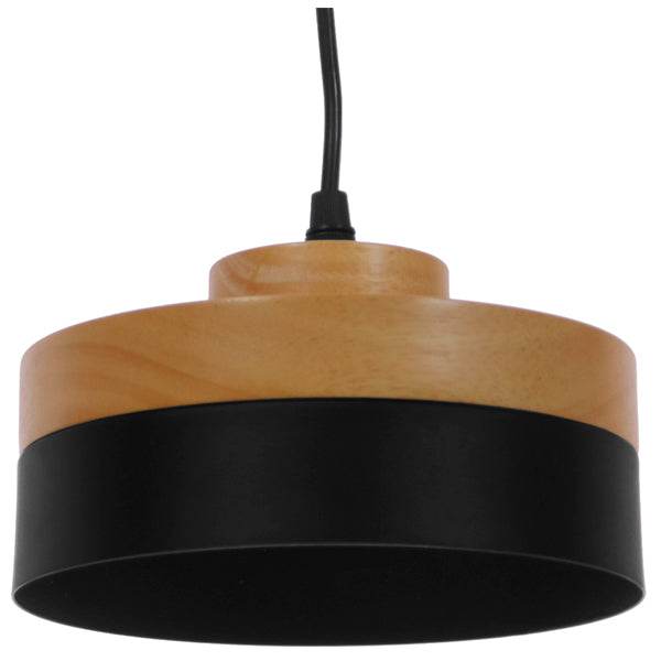 GloboStar® RUHIEL 01233 Μοντέρνο Κρεμαστό Φωτιστικό Οροφής Μονόφωτο Μαύρο Μεταλλικό με Φυσικό Ξύλο Καμπάνα Φ18 x Y12cm - ledmania.gr