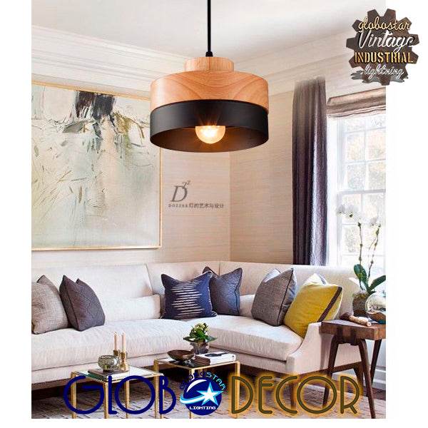 GloboStar® RUHIEL 01233 Μοντέρνο Κρεμαστό Φωτιστικό Οροφής Μονόφωτο Μαύρο Μεταλλικό με Φυσικό Ξύλο Καμπάνα Φ18 x Y12cm - ledmania.gr