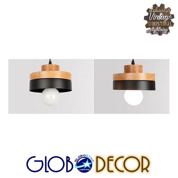 GloboStar® RUHIEL 01233 Μοντέρνο Κρεμαστό Φωτιστικό Οροφής Μονόφωτο Μαύρο Μεταλλικό με Φυσικό Ξύλο Καμπάνα Φ18 x Y12cm - ledmania.gr