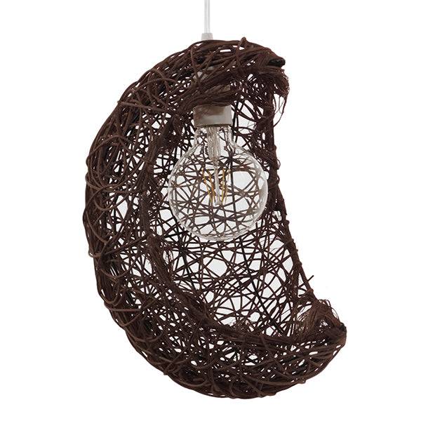 GloboStar® MENISCUS 01330 Vintage Κρεμαστό Φωτιστικό Οροφής Μονόφωτο Καφέ Σκούρο Ξύλινο Ψάθινο Rattan Μ30 x Π20 x Υ35cm - ledmania.gr