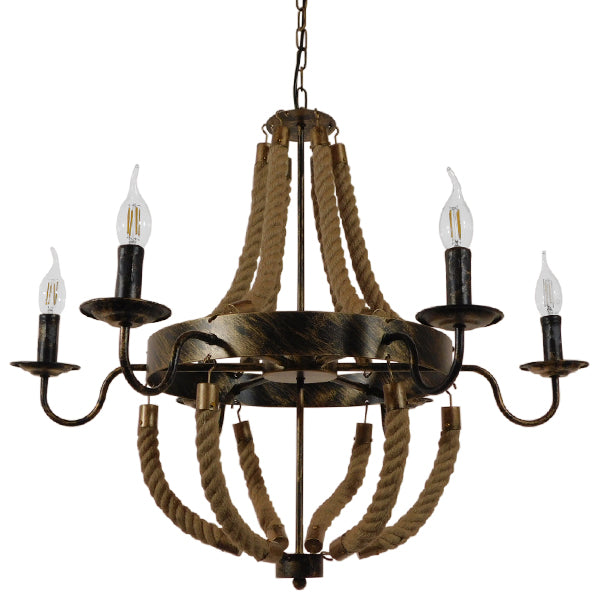 GloboStar® VICTORIAN 01404 Vintage Κρεμαστό Φωτιστικό Οροφής Πολύφωτο Μπρούτζινο Σκουριά Μεταλλικό Πολυέλαιος με Μπεζ Σχοινί Φ76 x Y65cm - ledmania.gr