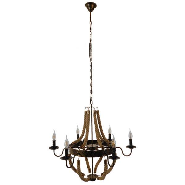 GloboStar® VICTORIAN 01404 Vintage Κρεμαστό Φωτιστικό Οροφής Πολύφωτο Μπρούτζινο Σκουριά Μεταλλικό Πολυέλαιος με Μπεζ Σχοινί Φ76 x Y65cm - ledmania.gr