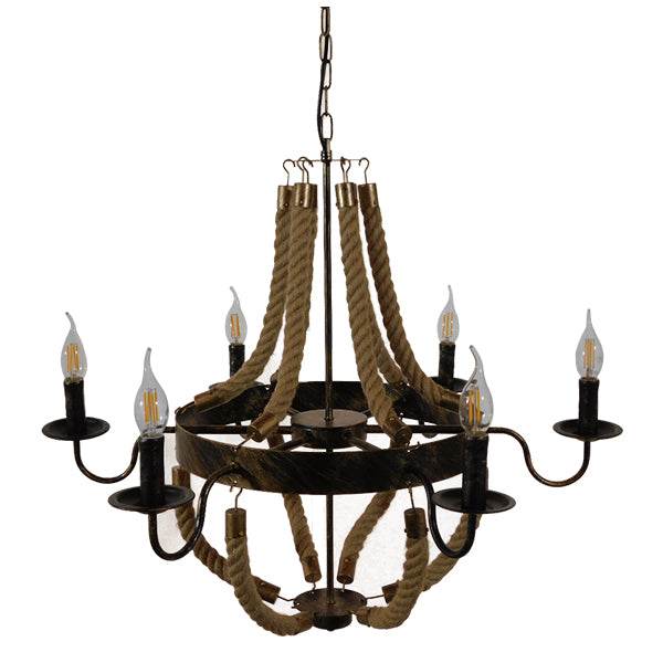 GloboStar® VICTORIAN 01404 Vintage Κρεμαστό Φωτιστικό Οροφής Πολύφωτο Μπρούτζινο Σκουριά Μεταλλικό Πολυέλαιος με Μπεζ Σχοινί Φ76 x Y65cm - ledmania.gr