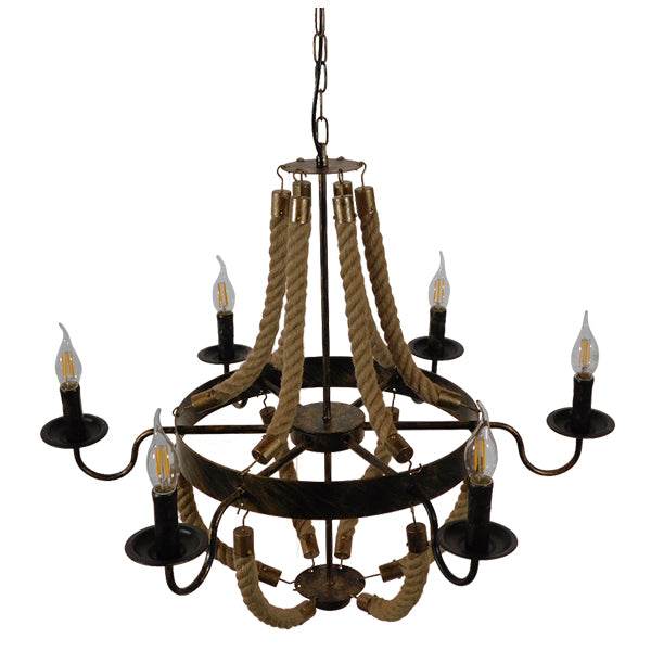 GloboStar® VICTORIAN 01404 Vintage Κρεμαστό Φωτιστικό Οροφής Πολύφωτο Μπρούτζινο Σκουριά Μεταλλικό Πολυέλαιος με Μπεζ Σχοινί Φ76 x Y65cm - ledmania.gr