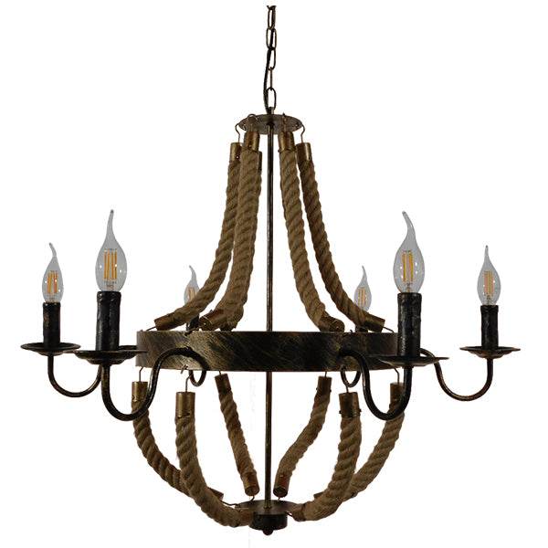 GloboStar® VICTORIAN 01404 Vintage Κρεμαστό Φωτιστικό Οροφής Πολύφωτο Μπρούτζινο Σκουριά Μεταλλικό Πολυέλαιος με Μπεζ Σχοινί Φ76 x Y65cm - ledmania.gr