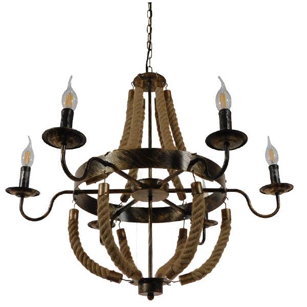 GloboStar® VICTORIAN 01404 Vintage Κρεμαστό Φωτιστικό Οροφής Πολύφωτο Μπρούτζινο Σκουριά Μεταλλικό Πολυέλαιος με Μπεζ Σχοινί Φ76 x Y65cm - ledmania.gr