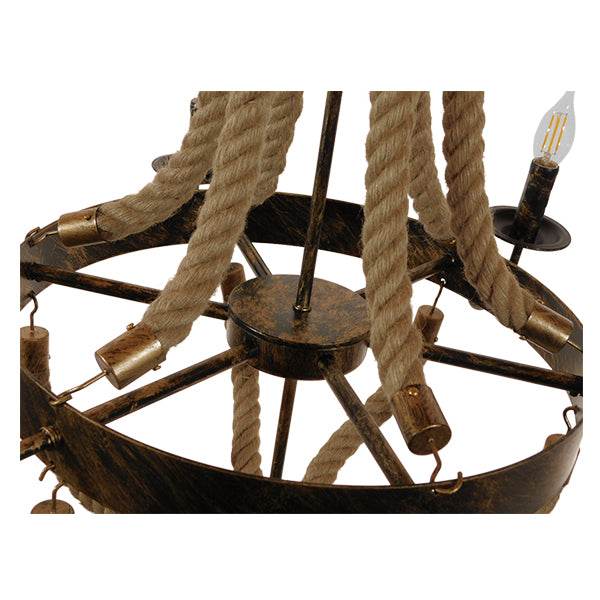 GloboStar® VICTORIAN 01404 Vintage Κρεμαστό Φωτιστικό Οροφής Πολύφωτο Μπρούτζινο Σκουριά Μεταλλικό Πολυέλαιος με Μπεζ Σχοινί Φ76 x Y65cm - ledmania.gr