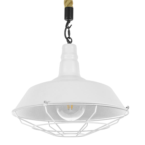 GloboStar® NARANZA 01409 Vintage Industrial Κρεμαστό Φωτιστικό Οροφής Μονόφωτο Λευκό Ματ Μεταλλικό Καμπάνα Πλέγμα με Μπεζ Σχοινί Φ36 x Υ31cm - ledmania.gr