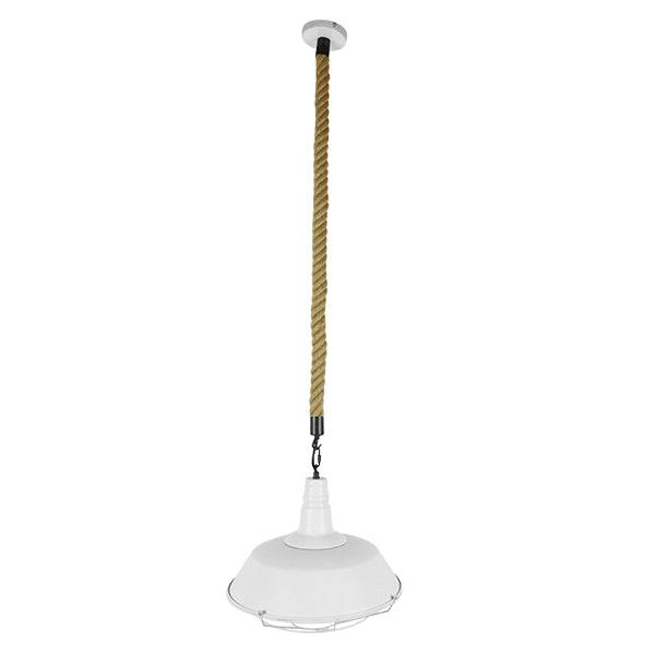 GloboStar® NARANZA 01409 Vintage Industrial Κρεμαστό Φωτιστικό Οροφής Μονόφωτο Λευκό Ματ Μεταλλικό Καμπάνα Πλέγμα με Μπεζ Σχοινί Φ36 x Υ31cm - ledmania.gr