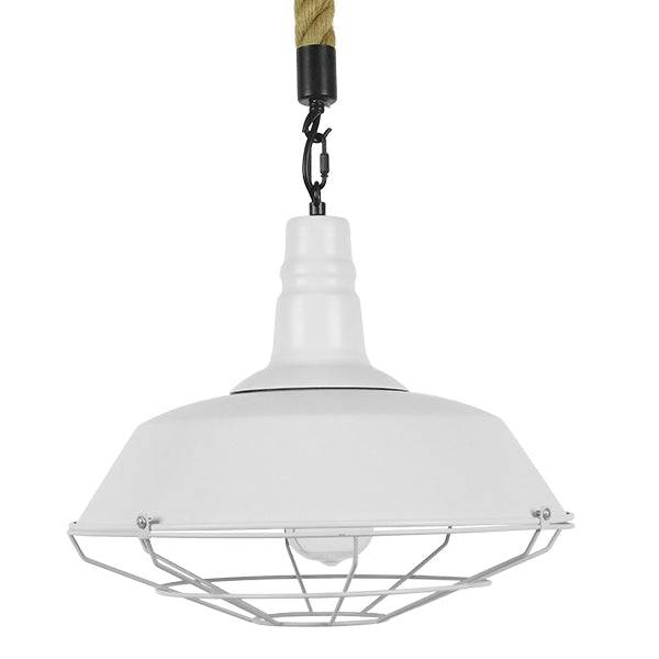 GloboStar® NARANZA 01409 Vintage Industrial Κρεμαστό Φωτιστικό Οροφής Μονόφωτο Λευκό Ματ Μεταλλικό Καμπάνα Πλέγμα με Μπεζ Σχοινί Φ36 x Υ31cm - ledmania.gr