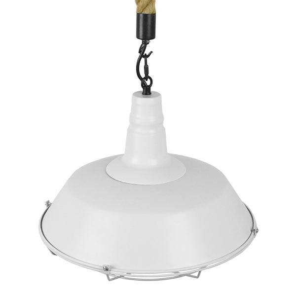 GloboStar® NARANZA 01409 Vintage Industrial Κρεμαστό Φωτιστικό Οροφής Μονόφωτο Λευκό Ματ Μεταλλικό Καμπάνα Πλέγμα με Μπεζ Σχοινί Φ36 x Υ31cm - ledmania.gr