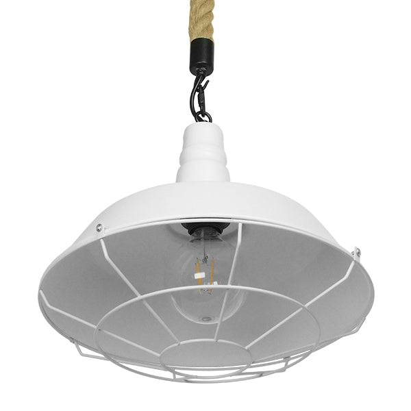 GloboStar® NARANZA 01409 Vintage Industrial Κρεμαστό Φωτιστικό Οροφής Μονόφωτο Λευκό Ματ Μεταλλικό Καμπάνα Πλέγμα με Μπεζ Σχοινί Φ36 x Υ31cm - ledmania.gr