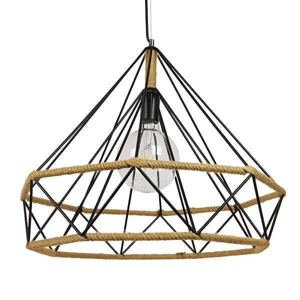 GloboStar® CONCRETE 01422 Vintage Κρεμαστό Φωτιστικό Οροφής Μονόφωτο Μαύρο Μεταλλικό με Μπεζ Σχοινί Φ50 x Υ44cm - ledmania.gr