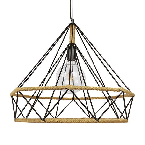 GloboStar® CONCRETE 01422 Vintage Κρεμαστό Φωτιστικό Οροφής Μονόφωτο Μαύρο Μεταλλικό με Μπεζ Σχοινί Φ50 x Υ44cm - ledmania.gr