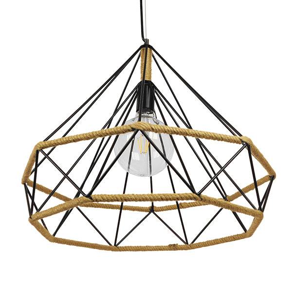 GloboStar® CONCRETE 01422 Vintage Κρεμαστό Φωτιστικό Οροφής Μονόφωτο Μαύρο Μεταλλικό με Μπεζ Σχοινί Φ50 x Υ44cm - ledmania.gr