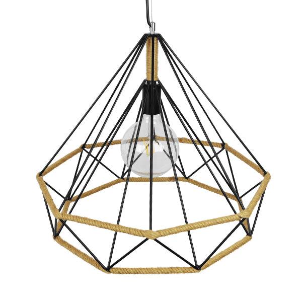 GloboStar® CONCRETE 01422 Vintage Κρεμαστό Φωτιστικό Οροφής Μονόφωτο Μαύρο Μεταλλικό με Μπεζ Σχοινί Φ50 x Υ44cm - ledmania.gr