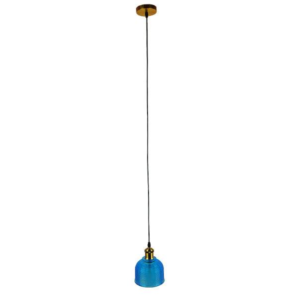 GloboStar® SEGRETO 01452 Vintage Κρεμαστό Φωτιστικό Οροφής Μονόφωτο Μπλε Γυάλινο Διάφανο Καμπάνα με Χρυσό Ντουί Φ14 x Υ18cm - ledmania.gr