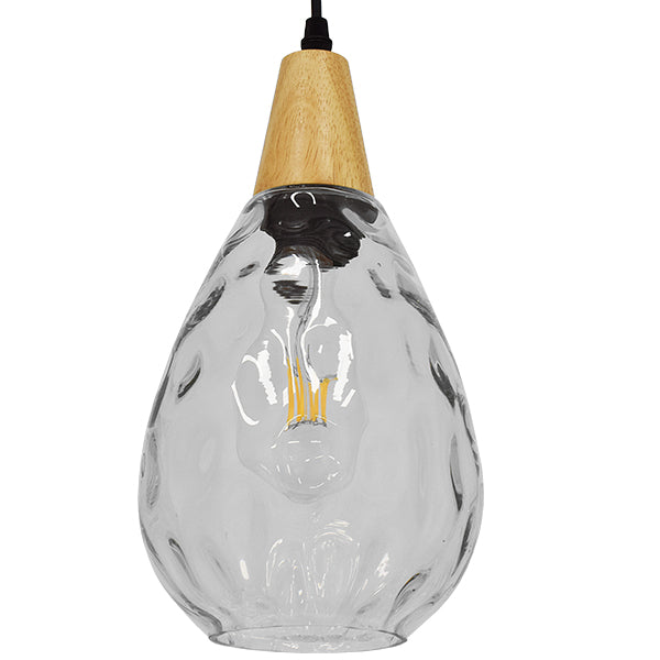 GloboStar® NOAH 01491 Μοντέρνο Κρεμαστό Φωτιστικό Οροφής Μονόφωτο Γυάλινο με Ξύλο Διάφανο Φ16 x Υ30cm - ledmania.gr