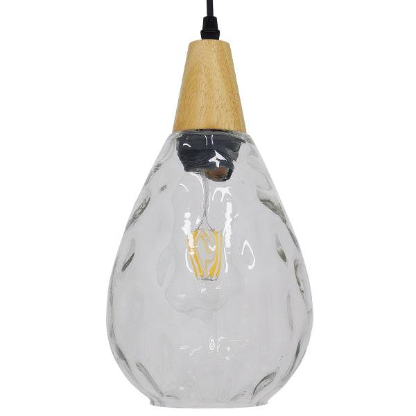 GloboStar® NOAH 01491 Μοντέρνο Κρεμαστό Φωτιστικό Οροφής Μονόφωτο Γυάλινο με Ξύλο Διάφανο Φ16 x Υ30cm - ledmania.gr