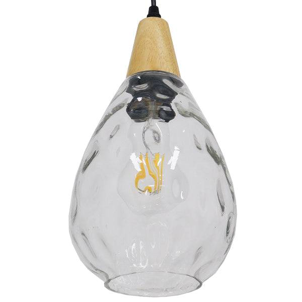 GloboStar® NOAH 01491 Μοντέρνο Κρεμαστό Φωτιστικό Οροφής Μονόφωτο Γυάλινο με Ξύλο Διάφανο Φ16 x Υ30cm - ledmania.gr