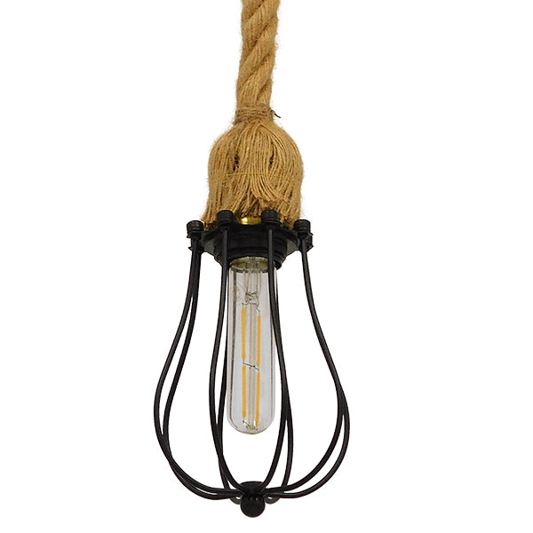 GloboStar® CAMBER 01594 Vintage Industrial Κρεμαστό Φωτιστικό Οροφής Μονόφωτο Μαύρο Μεταλλικό Πλέγμα με Μπεζ Σχοινί Φ11 x Υ25cm - ledmania.gr
