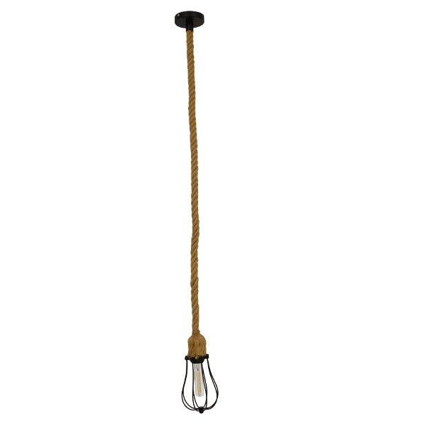 GloboStar® CAMBER 01594 Vintage Industrial Κρεμαστό Φωτιστικό Οροφής Μονόφωτο Μαύρο Μεταλλικό Πλέγμα με Μπεζ Σχοινί Φ11 x Υ25cm - ledmania.gr