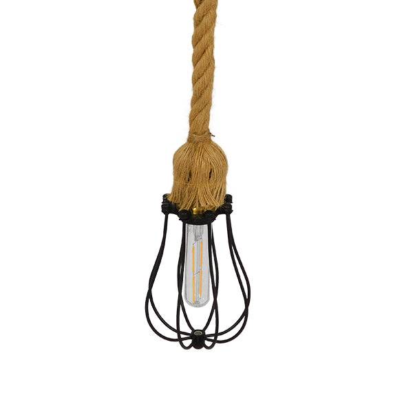 GloboStar® CAMBER 01594 Vintage Industrial Κρεμαστό Φωτιστικό Οροφής Μονόφωτο Μαύρο Μεταλλικό Πλέγμα με Μπεζ Σχοινί Φ11 x Υ25cm - ledmania.gr