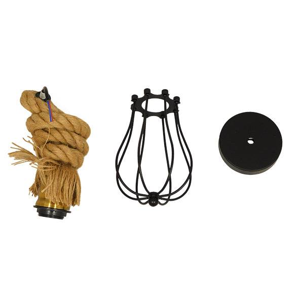 GloboStar® CAMBER 01594 Vintage Industrial Κρεμαστό Φωτιστικό Οροφής Μονόφωτο Μαύρο Μεταλλικό Πλέγμα με Μπεζ Σχοινί Φ11 x Υ25cm - ledmania.gr