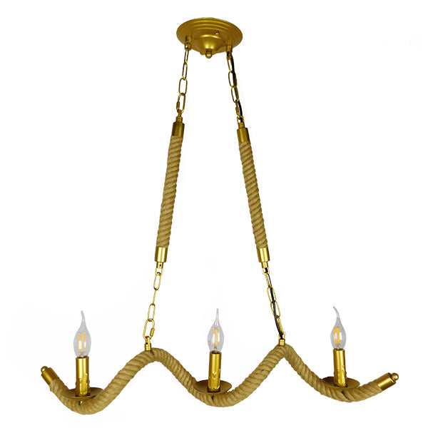 GloboStar® LUXOR 01598 Vintage Κρεμαστό Φωτιστικό Οροφής Τρίφωτο Χρυσό Μεταλλικό με Μπεζ Σχοινί Μ75 x Π13 x Y18cm - ledmania.gr
