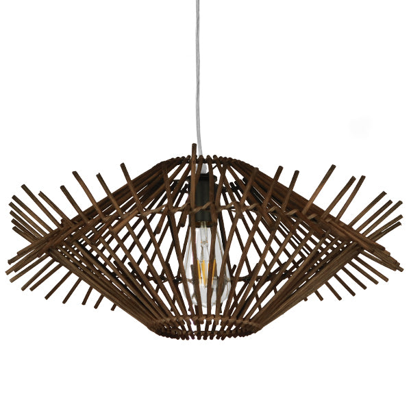 GloboStar® MADDY 01602 Vintage Κρεμαστό Φωτιστικό Οροφής Μονόφωτο Καφέ Σκούρο Ξύλινο Ψάθινο Bamboo Φ50 x Υ23cm - ledmania.gr