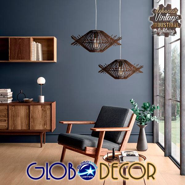 GloboStar® MADDY 01602 Vintage Κρεμαστό Φωτιστικό Οροφής Μονόφωτο Καφέ Σκούρο Ξύλινο Ψάθινο Bamboo Φ50 x Υ23cm - ledmania.gr