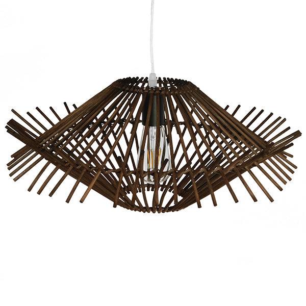GloboStar® MADDY 01602 Vintage Κρεμαστό Φωτιστικό Οροφής Μονόφωτο Καφέ Σκούρο Ξύλινο Ψάθινο Bamboo Φ50 x Υ23cm - ledmania.gr