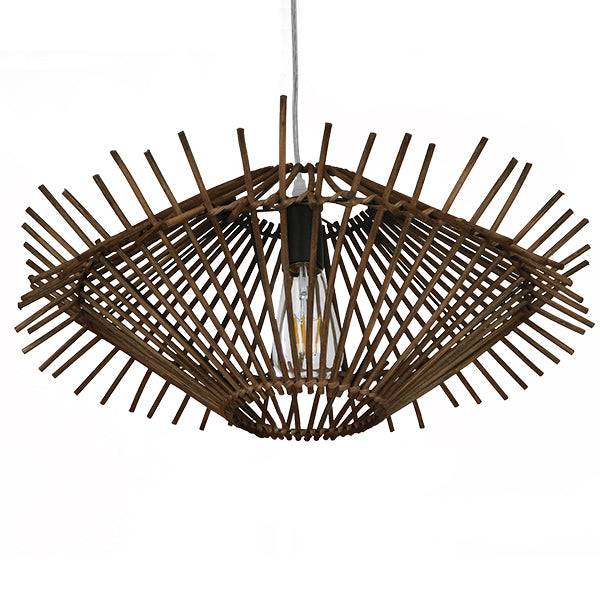 GloboStar® MADDY 01602 Vintage Κρεμαστό Φωτιστικό Οροφής Μονόφωτο Καφέ Σκούρο Ξύλινο Ψάθινο Bamboo Φ50 x Υ23cm - ledmania.gr