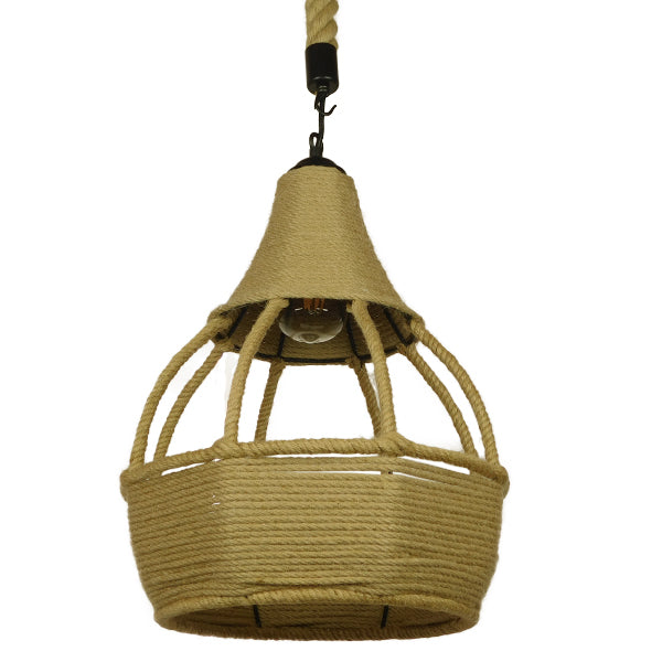 GloboStar® KUBRIC 01605 Vintage Κρεμαστό Φωτιστικό Οροφής Μονόφωτο Μπεζ Καμπάνα με Σχοινί Φ31 x Υ39cm - ledmania.gr